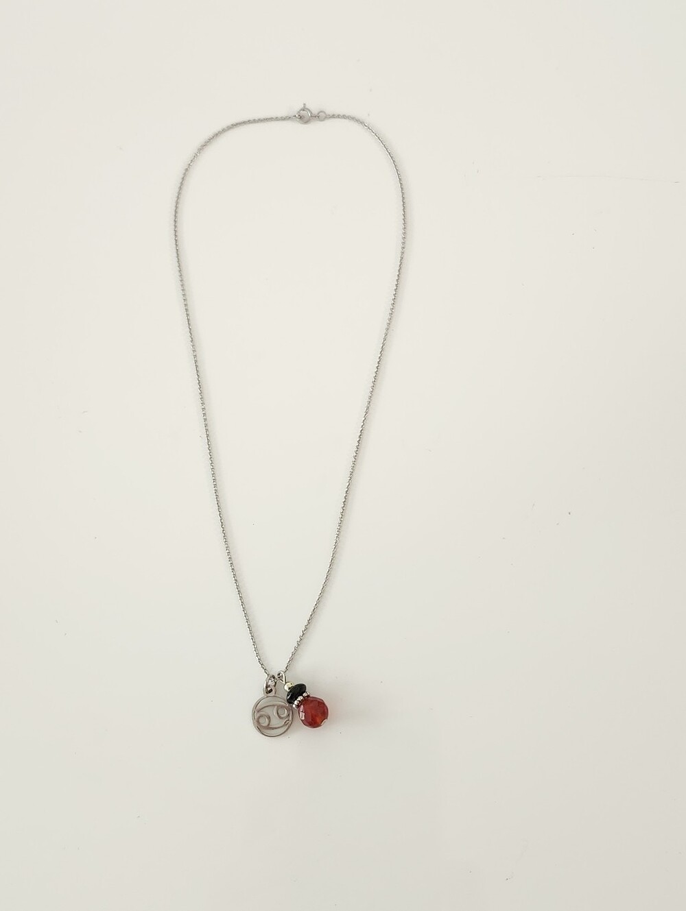 Handmade 925 Silver Cancer Charm With Genuine Ruby And Onyx Dangle Necklace